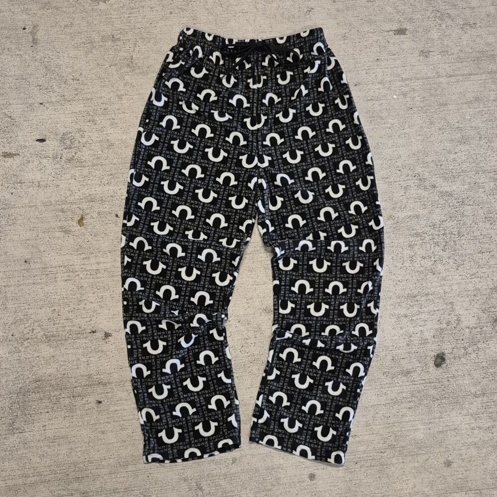 True Religion Black Fleece Pajama Pants Loungewear Men's Large Logo Print